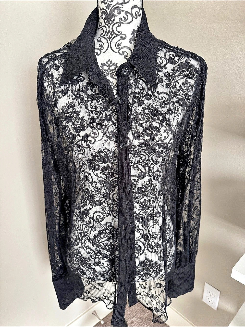 Steve Madden Floral Lace Button-Up Shirt Black